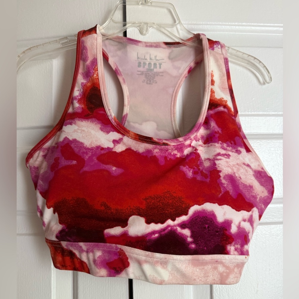 Nicole Miller Pink & Red Tie-Dye Racerback Sports Bra Sz L Yoga Gym Designer
